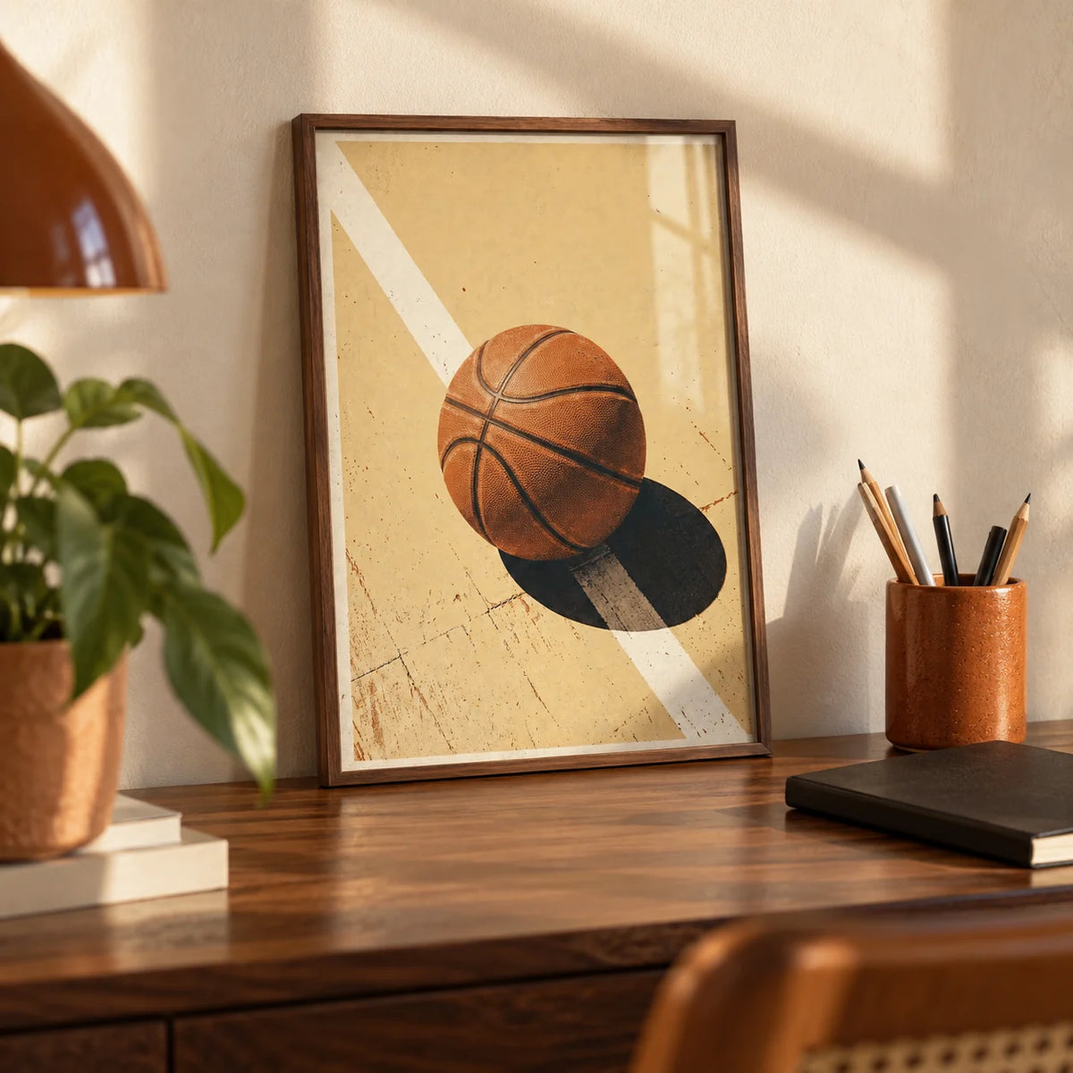 Sports Wall Art, a small A4 framed print leaning on a walnut desk