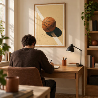 Sports Wall Art, framed on the wall of a young adult basketball enthusiast's home study (22-35) in a UK terrace with a cream wall and a recessed oak bookcase