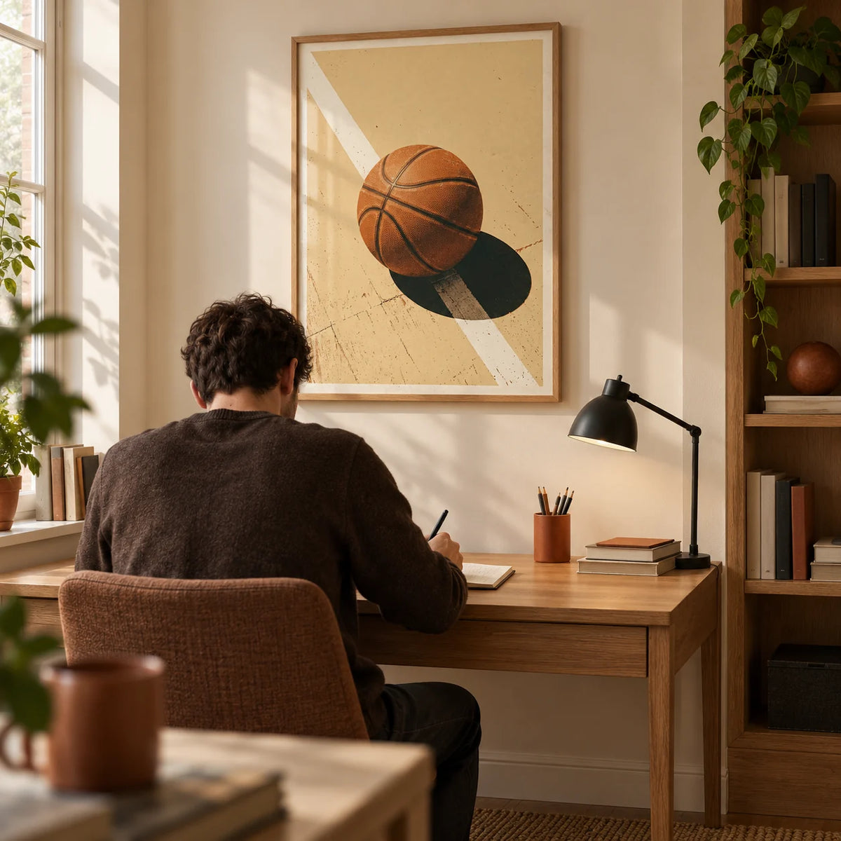 Sports Wall Art, framed on the wall of a young adult basketball enthusiast's home study (22-35) in a UK terrace with a cream wall and a recessed oak bookcase