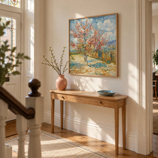 Spring Tree Art Print, framed on the wall of a bright entrance hallway in a UK Victorian terrace with an ivory wall and warm wood floor