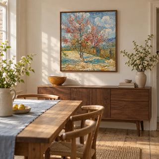 Spring Tree Art Print, framed on the wall of a light dining room in a characterful UK home with a soft cream wall and stripped wooden floorboards