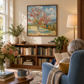 Spring Tree Art Print, framed on the wall of a quiet reading corner in a mature couple's UK flat with a warm cream wall and a built-in low walnut bookcase in a living room