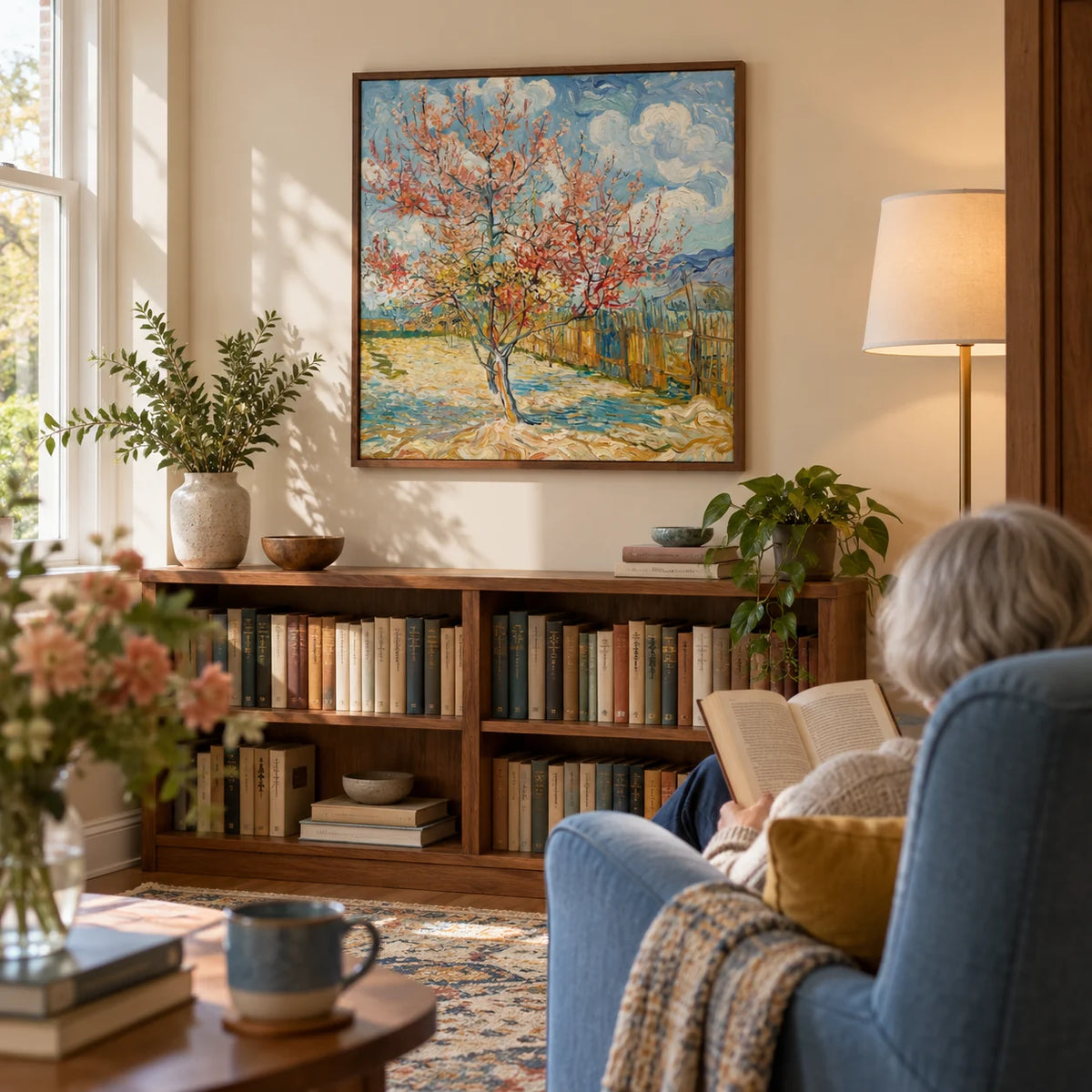 Spring Tree Art Print, framed on the wall of a quiet reading corner in a mature couple's UK flat with a warm cream wall and a built-in low walnut bookcase in a living room