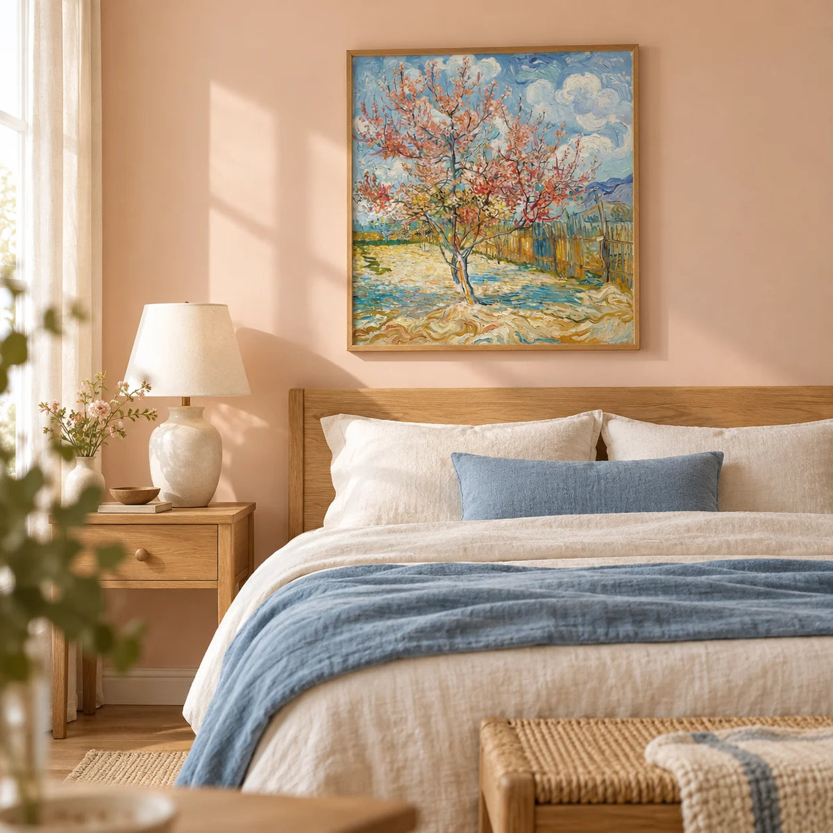 Spring Tree Art Print, framed on the wall of a restful main bedroom with a pale peach painted wall and natural oak furniture
