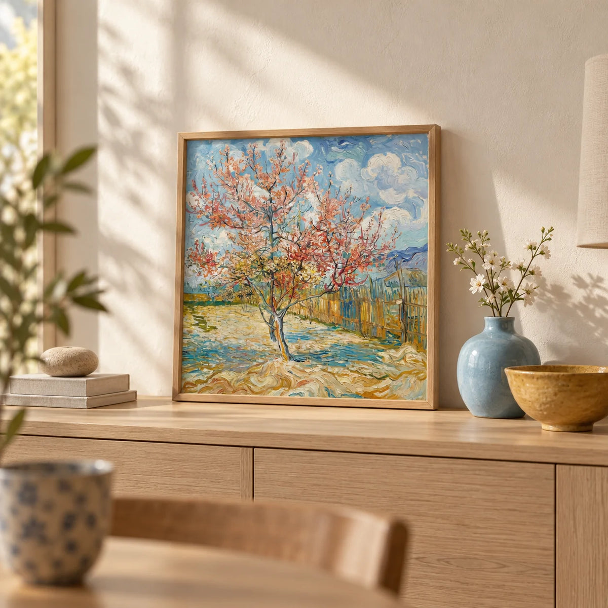 Spring Tree Art Print, a small A4 framed print leaning on a pale oak sideboard in a living room