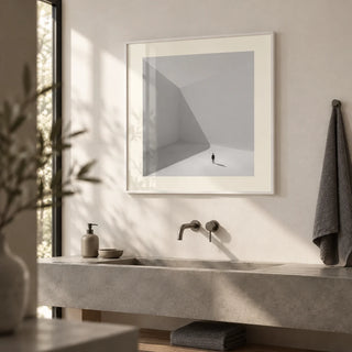 Square Art Prints, framed on the wall of a minimal bathroom