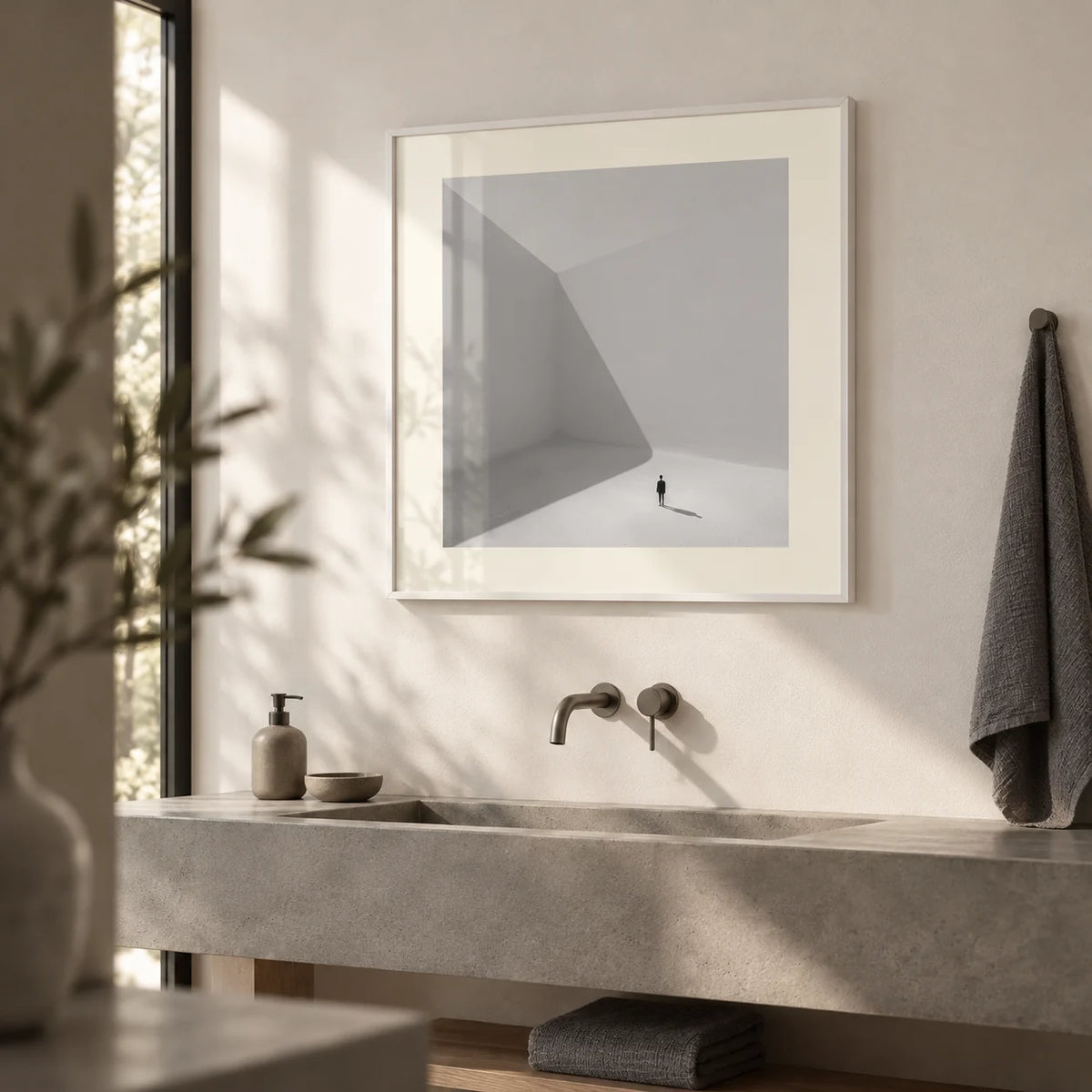 Square Art Prints, framed on the wall of a minimal bathroom
