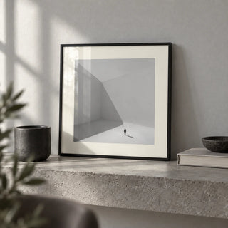 Square Art Prints, a small A4 framed print leaning on a concrete shelf in a living room