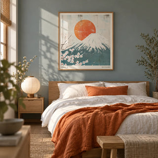 Square Print, framed on the wall of a calm Japandi bedroom with a soft teal-grey wall