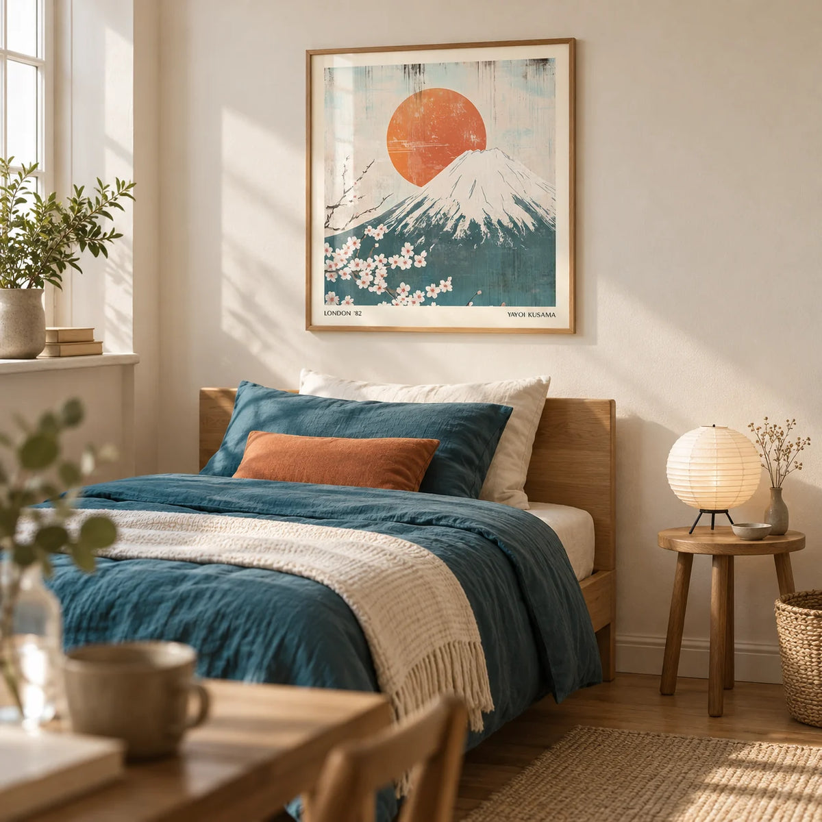 Square Print, framed on the wall of a calm Japandi single bedroom in a first flat (22-28) with a cream wall