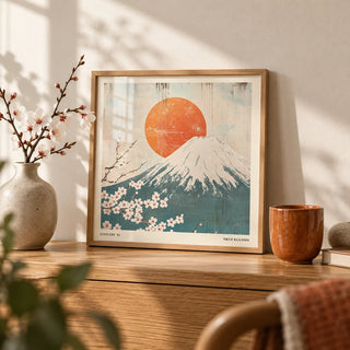 Square Print, a small A4 framed print leaning on an oak shelf in a living room