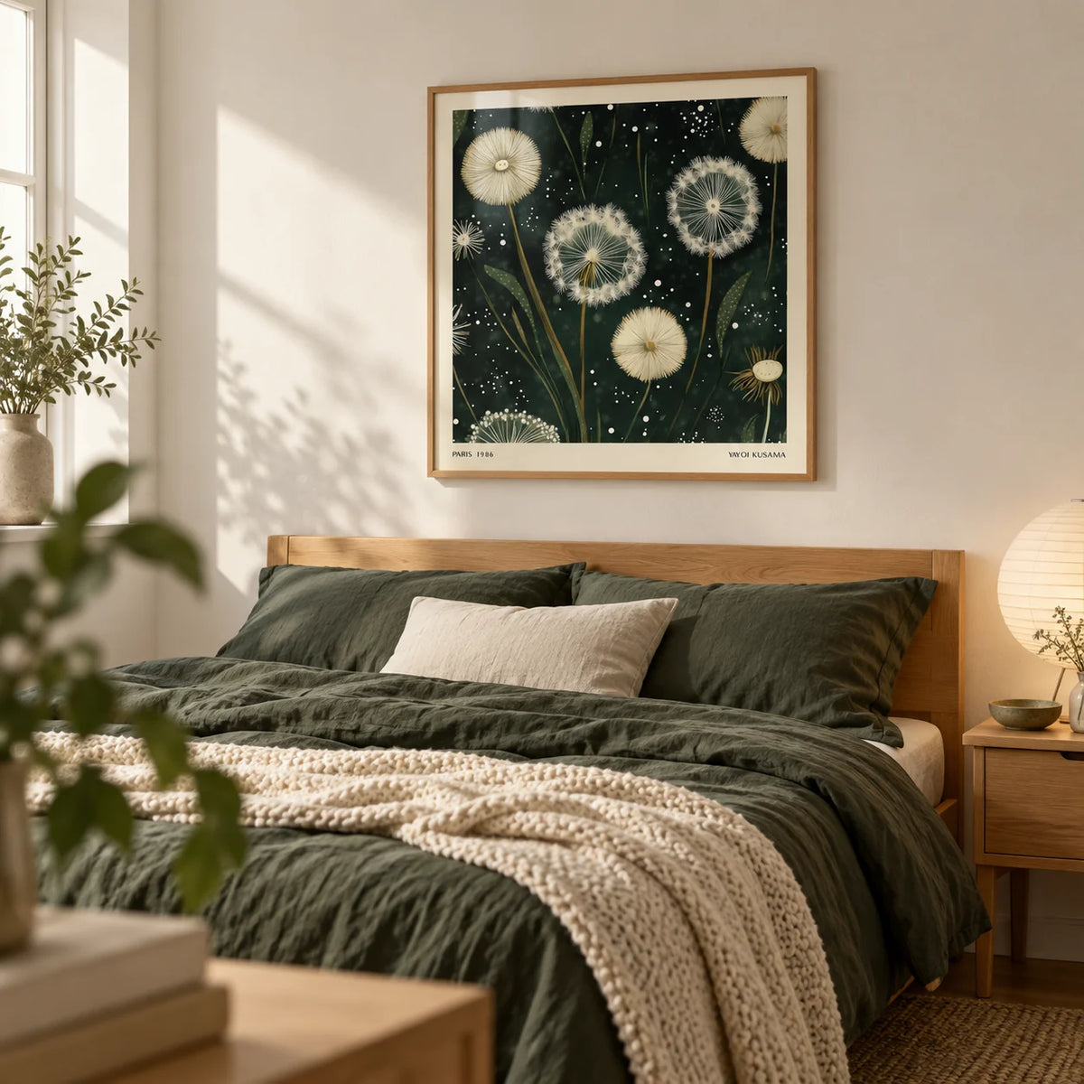 Square Wall Art, framed on the wall of a calm Scandi bedroom with a warm white wall