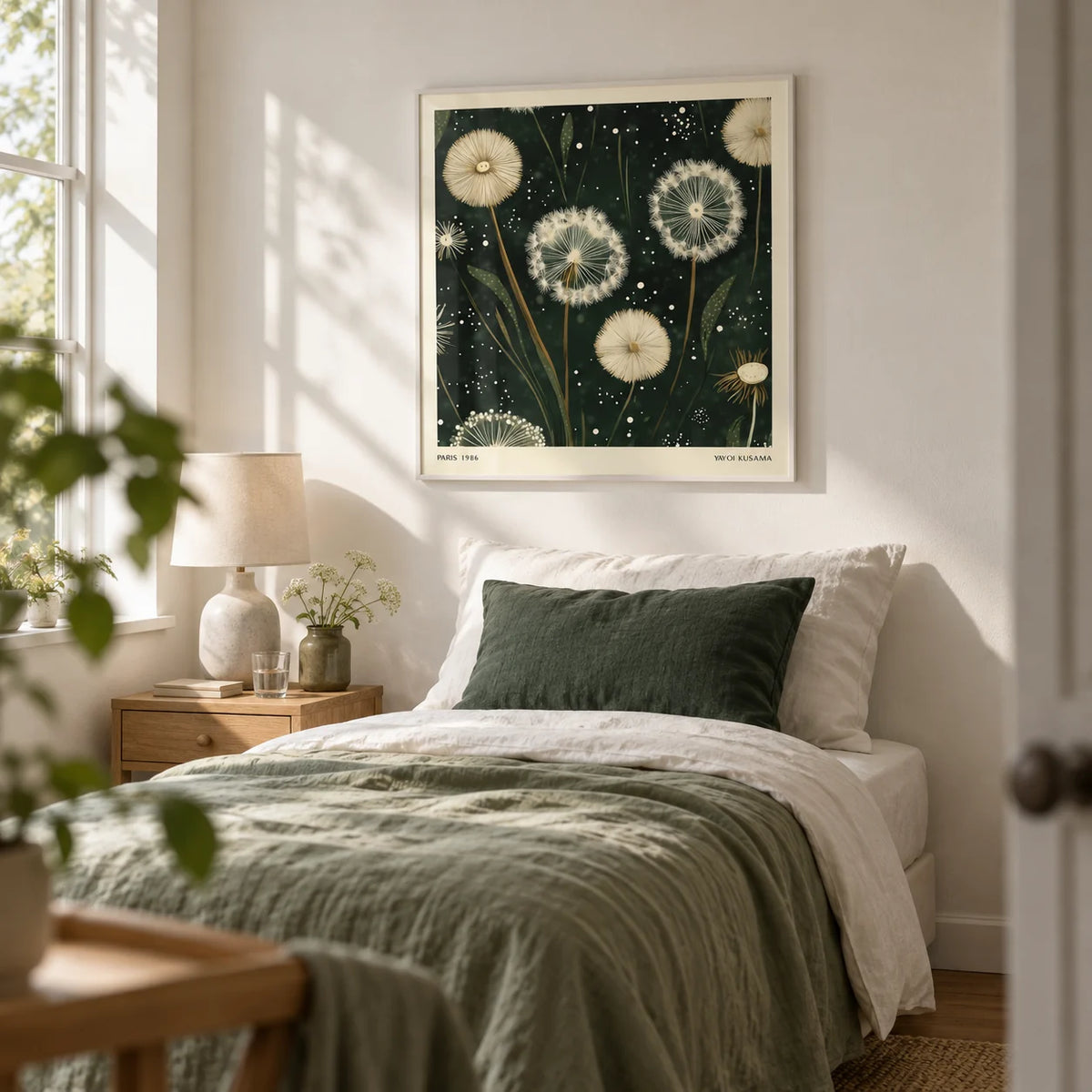 Square Wall Art, framed on the wall of a calm single guest room with a soft white wall in a bedroom