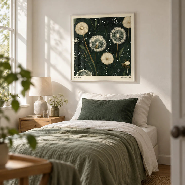 Square Wall Art, framed on the wall of a calm single guest room with a soft white wall in a bedroom