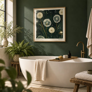 Square Wall Art, framed on the wall of a calm spa bathroom with a dark green painted wall and plain cream tiles