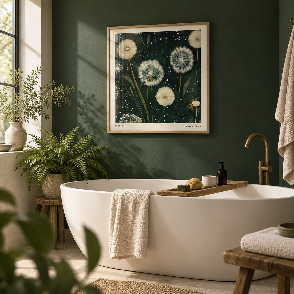 Square Wall Art, framed on the wall of a calm spa bathroom with a dark green painted wall and plain cream tiles