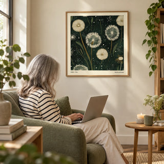 Square Wall Art, framed on the wall of a quiet reading corner with a cream wall in a living room