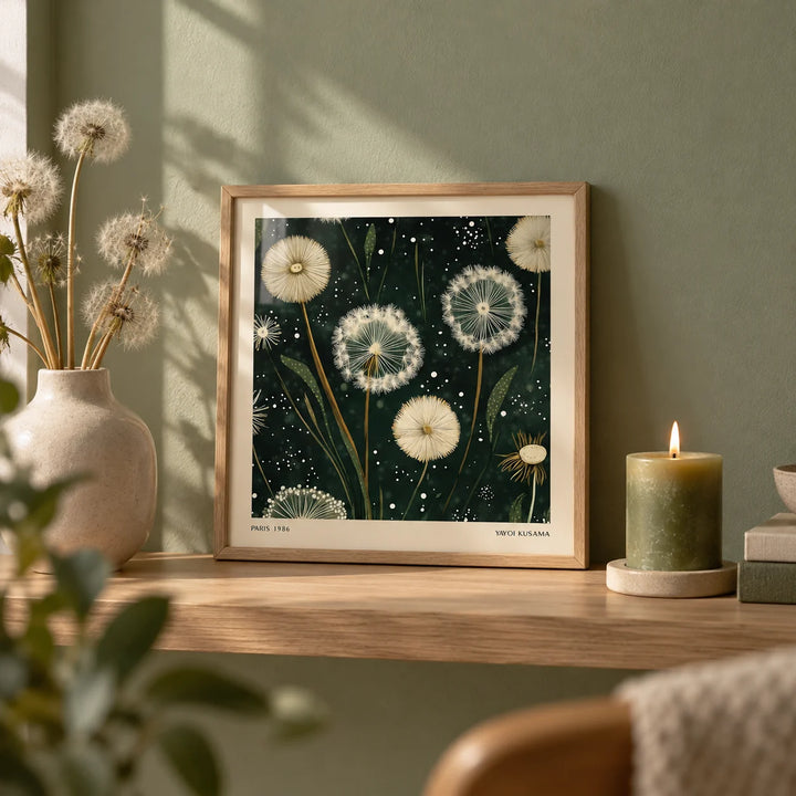 Square Wall Art, a small A4 framed print leaning on a pale oak shelf in a living room