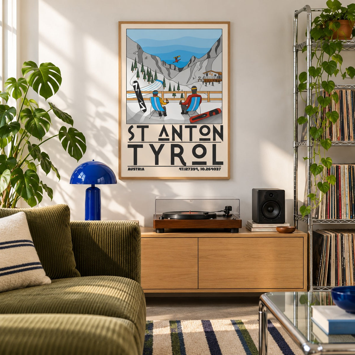 St Anton Tyrol Art Print shown in a city apartment record corner (frame not included)