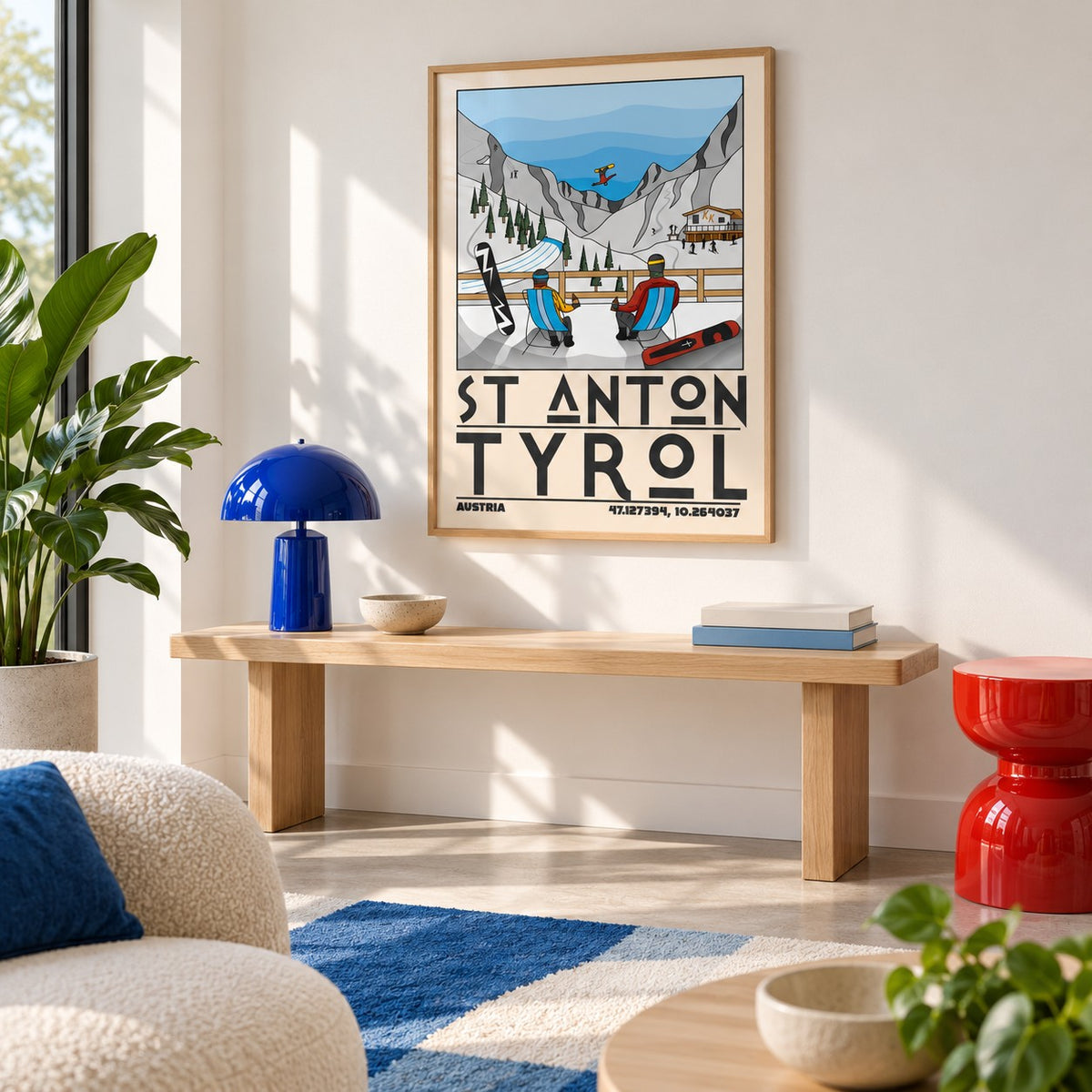 St Anton Tyrol Art Print shown in a minimalist living room with an oak console (frame not included)