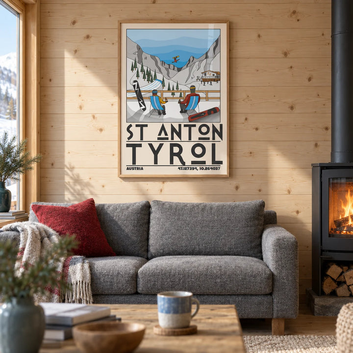 St Anton Tyrol Art Print, framed on the wall of a modern chalet living room with pale timber walls