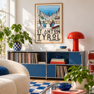 St Anton Tyrol Art Print shown in a playful living room with a modular console (frame not included)
