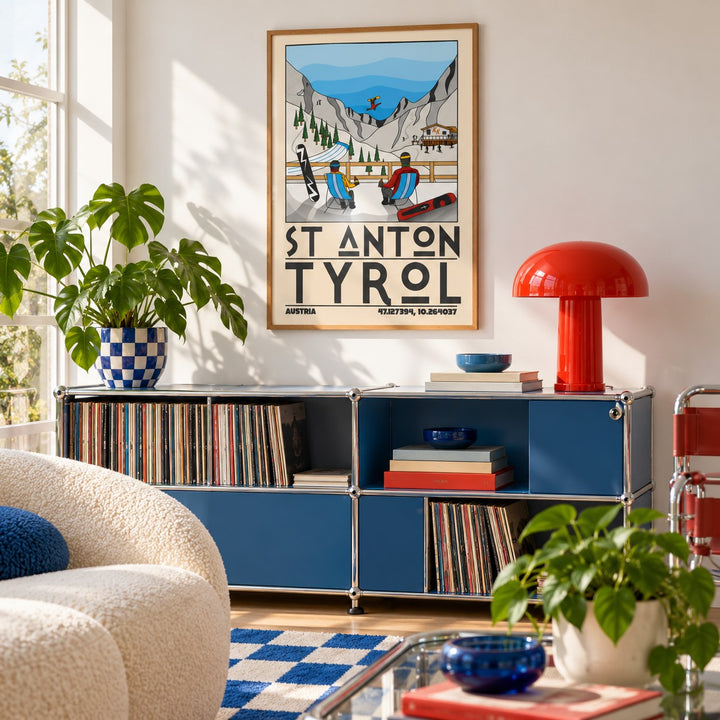St Anton Tyrol Art Print shown in a playful living room with a modular console (frame not included)