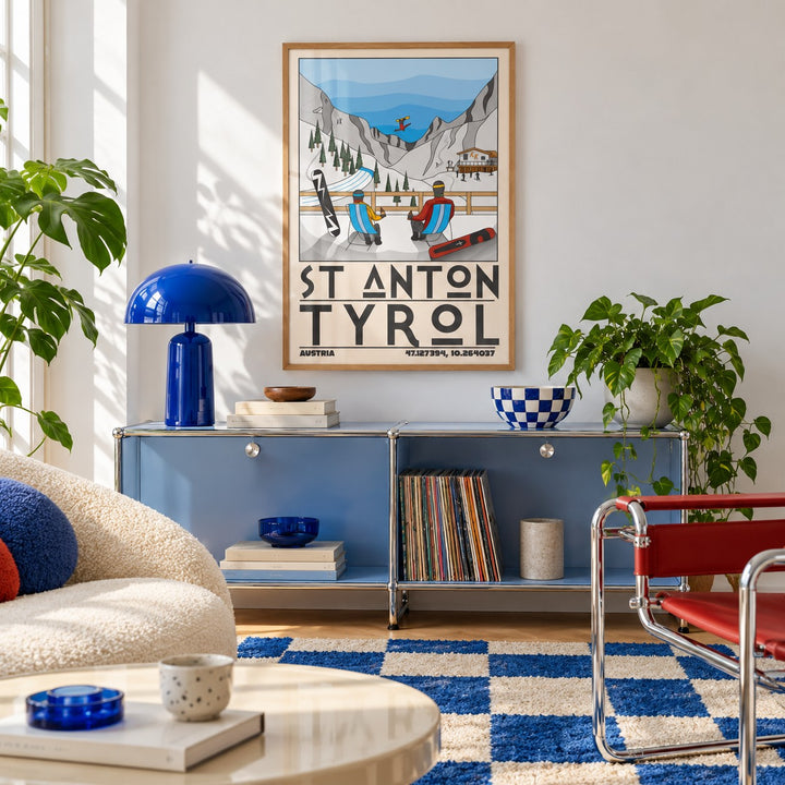 St Anton Tyrol Art Print shown in a retro lounge corner (frame not included)