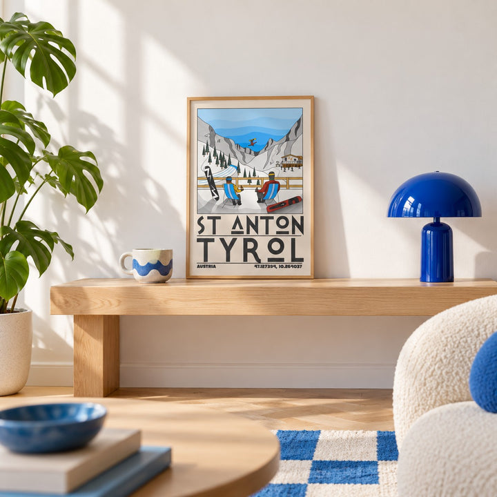 St Anton Tyrol Art Print shown in the small A4 size on a styled console (frame not included)