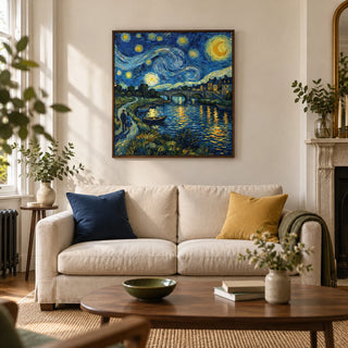Starry Night Art Print, framed on the wall of a characterful living room in a UK Victorian terrace with warm white plaster walls and an oak floor