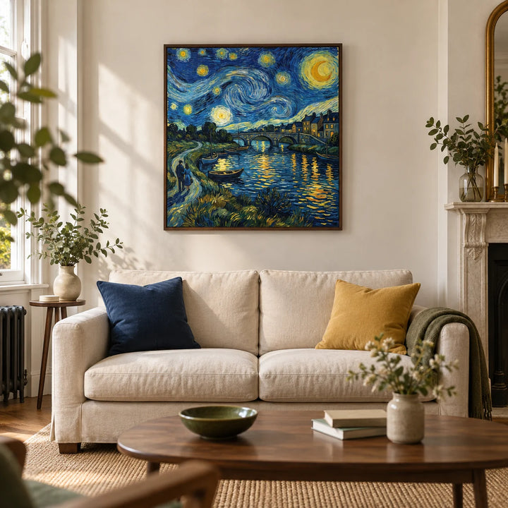 Starry Night Art Print, framed on the wall of a characterful living room in a UK Victorian terrace with warm white plaster walls and an oak floor