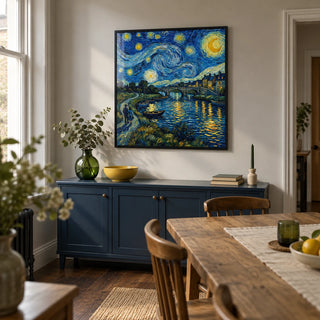 Starry Night Art Print, framed on the wall of a compact dining room in a UK terraced house with pale grey plaster walls and dark wooden floorboards