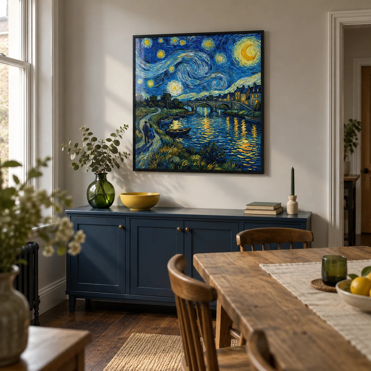 Starry Night Art Print, framed on the wall of a compact dining room in a UK terraced house with pale grey plaster walls and dark wooden floorboards