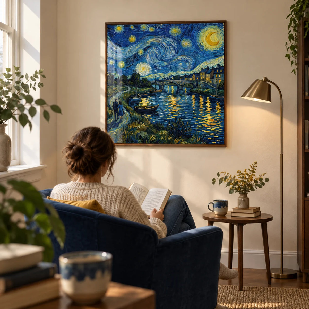 Starry Night Art Print, framed on the wall of a quiet reading corner in an art lover's UK flat with a warm cream wall in a living room