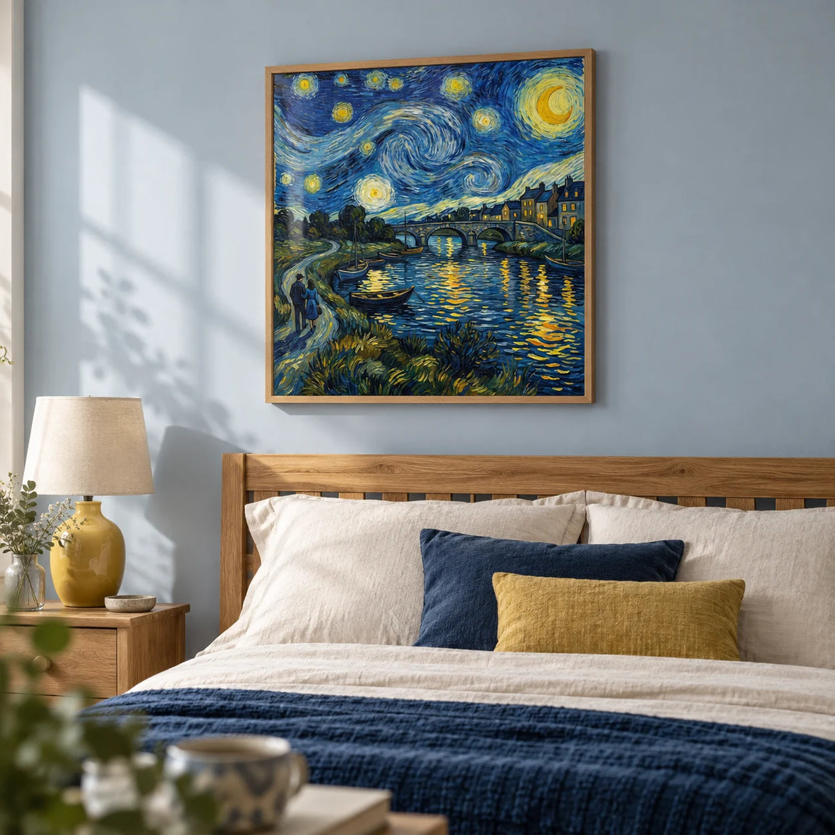 Starry Night Art Print, framed on the wall of a restful adult bedroom in a UK home with a pale blue wall