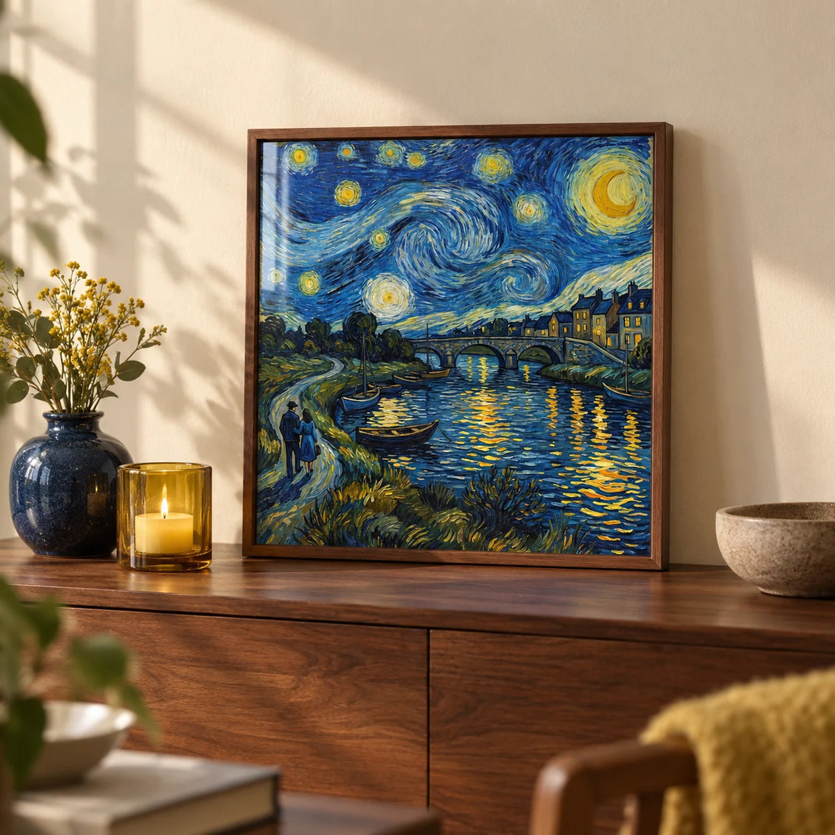 Starry Night Art Print, a small A4 framed print leaning on a walnut sideboard in a living room