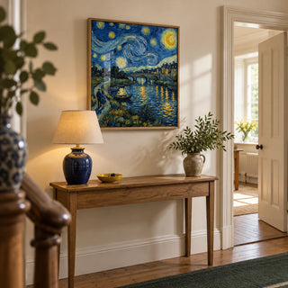 Starry Night Art Print, framed on the wall of a welcoming hallway in a UK period home with a cream wall and oak floorboards