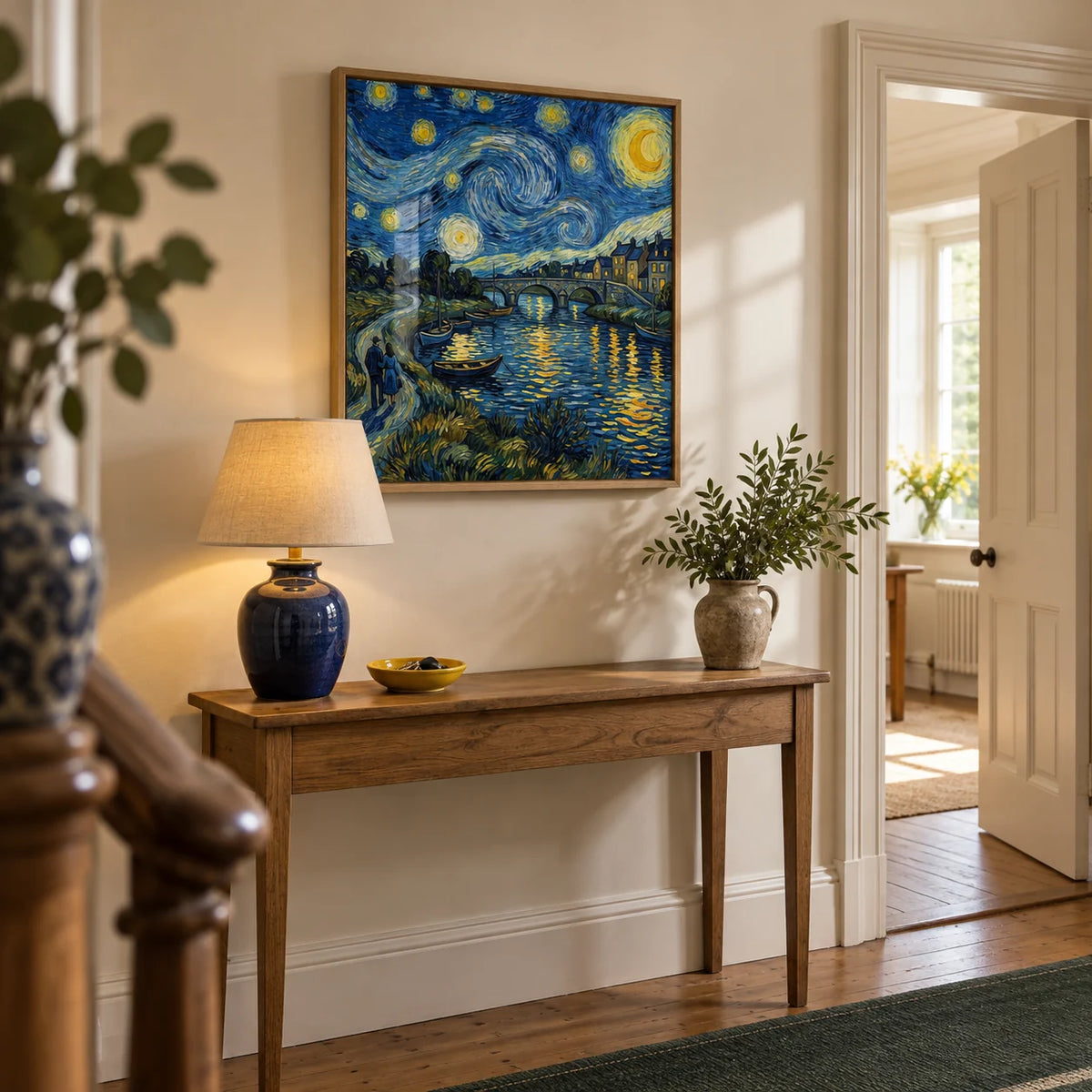 Starry Night Art Print, framed on the wall of a welcoming hallway in a UK period home with a cream wall and oak floorboards