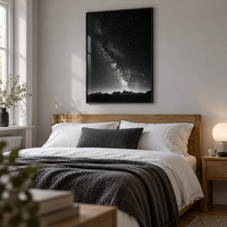 Starry Night Poster, framed on the wall of a calm adult bedroom in a UK terraced home with a pale grey wall