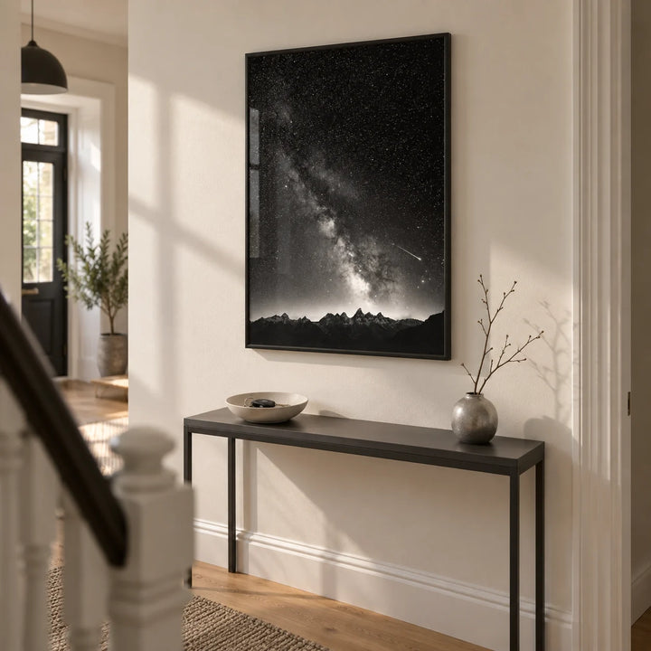 Starry Night Poster, framed on the wall of a contemporary hallway in a UK terraced house with a warm white wall and oak floor