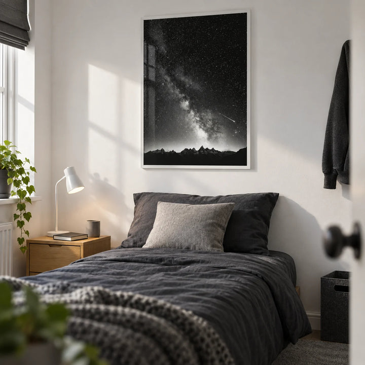 Starry Night Poster, framed on the wall of a minimalist single bedroom for an astronomy-loving teenager (16-17) in a UK family home with a white wall