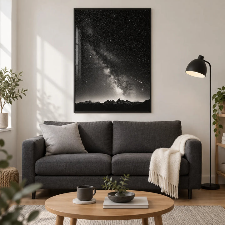 Starry Night Poster, framed on the wall of a modern living room in a UK first flat (22-28) with a soft white wall and oak floor