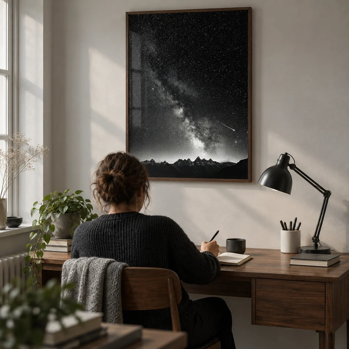 Starry Night Poster, framed on the wall of a quiet home study in a UK flat with a pale grey wall and a walnut desk