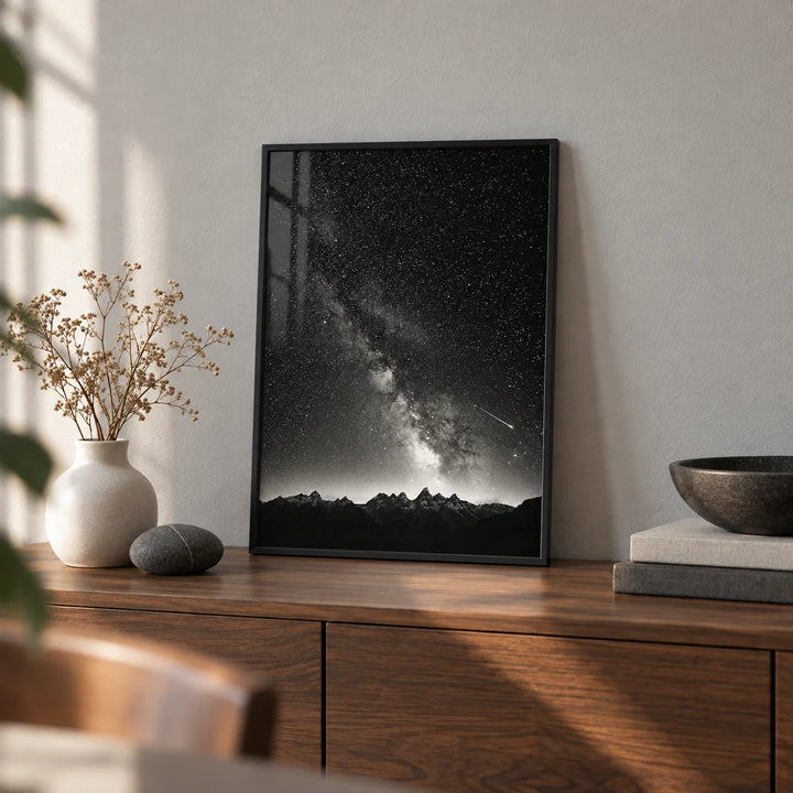 Starry Night Poster, a small A4 framed print leaning on a walnut sideboard in a living room