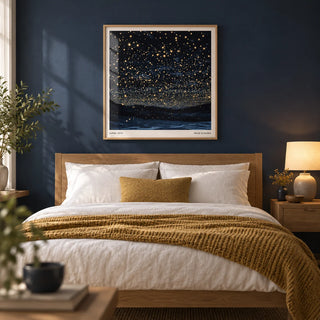 Starry Night Print, framed on the wall of a calm bedroom with a deep navy painted wall
