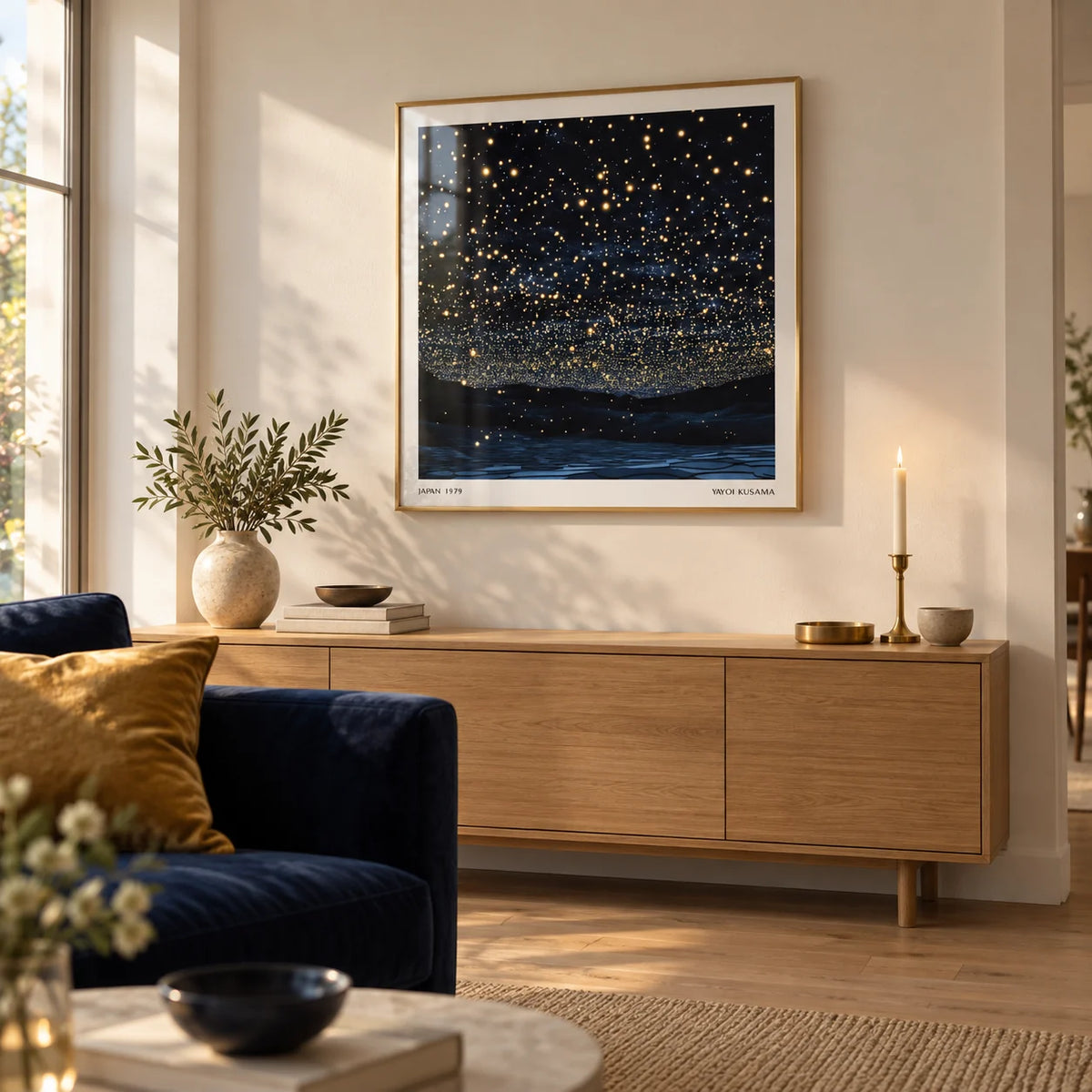Starry Night Print, framed on the wall of a calm living room with a warm white wall and a pale oak floor