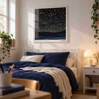 Starry Night Print, framed on the wall of a calm teen girl's bedroom (13-17) with a white wall