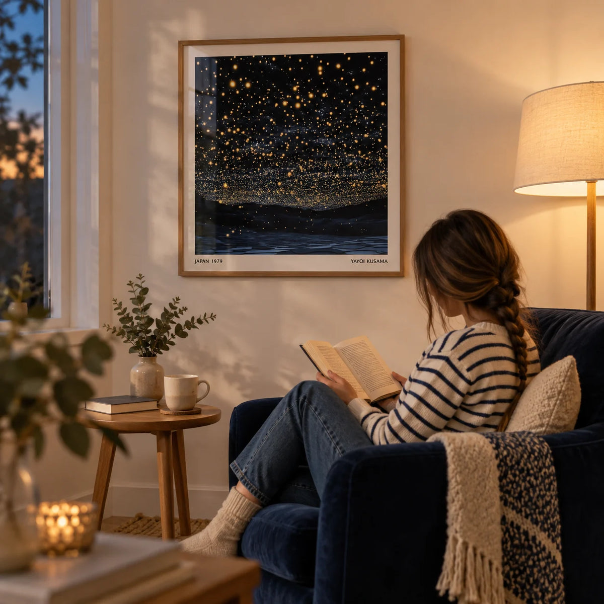 Starry Night Print, framed on the wall of a cosy evening reading corner with a cream wall in a living room