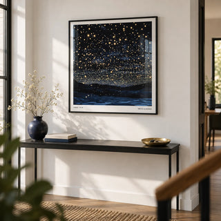Starry Night Print, framed on the wall of a modern hallway with a white wall
