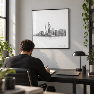 Statue of Liberty Print, framed on the wall of a smart home office with a pale grey wall